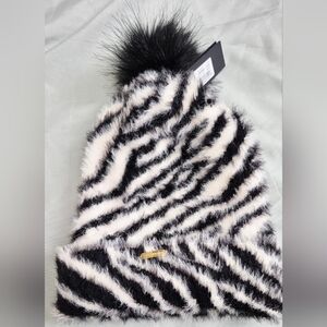 Zebra Print Fuzzy Beanie with Pom Pom